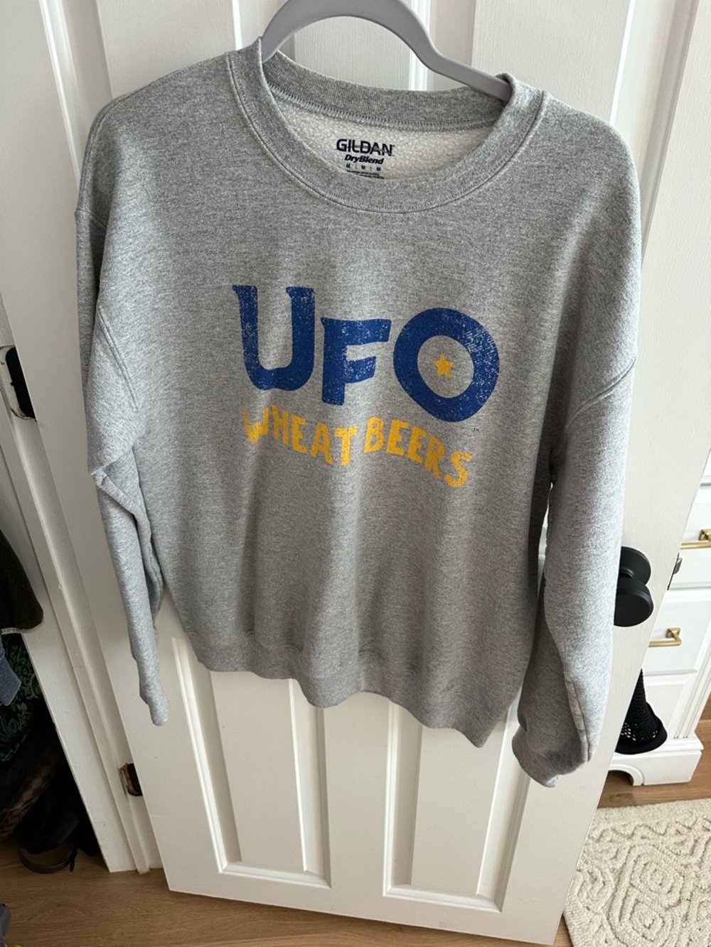 Gildan Gray Crewneck Sweatshirt with Blue and Yellow UFO Graphic